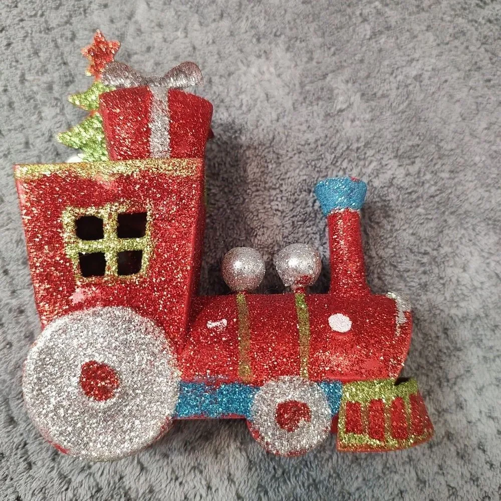 Metal Train‎ Locomotive Engine Christmas Ornament Decoration Glitter Green Red